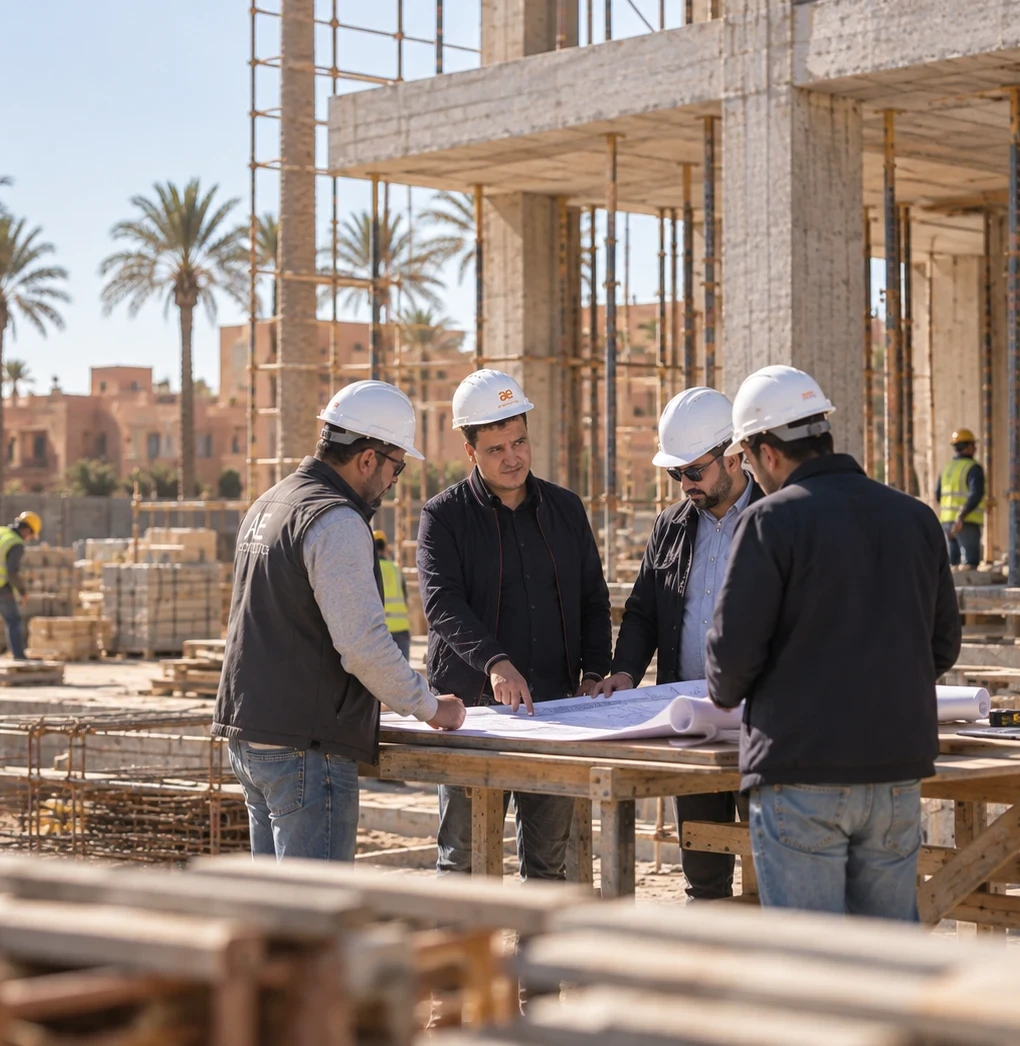 Aimad El Kanit et son équipe d'AE Architectes en réunion de chantier à Marrakech