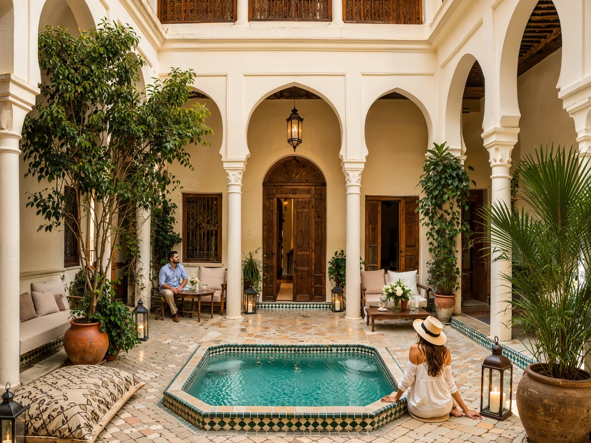 Riad rénové à Marrakech — patio avec bassin zellige — AE Architectes