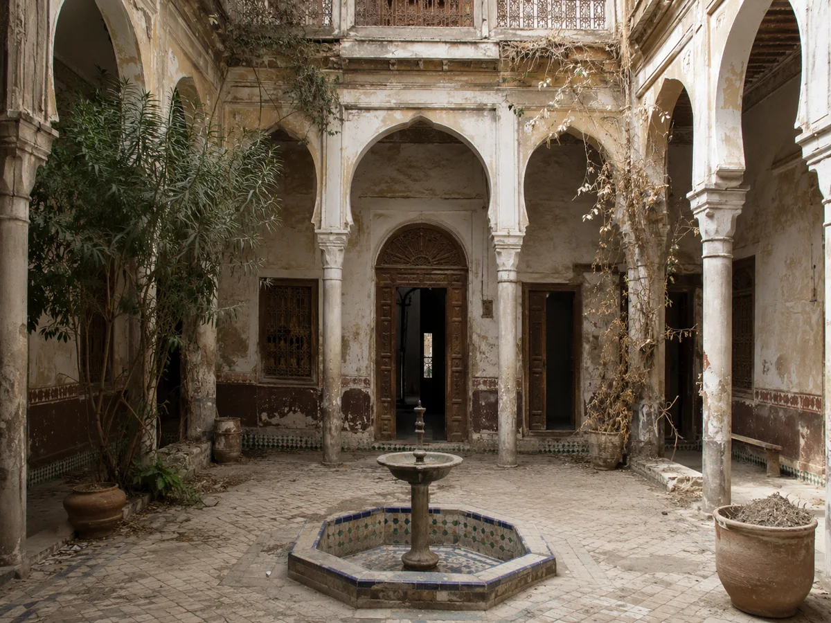 Riad à l'abandon avant rénovation — patio avec fontaine — Marrakech